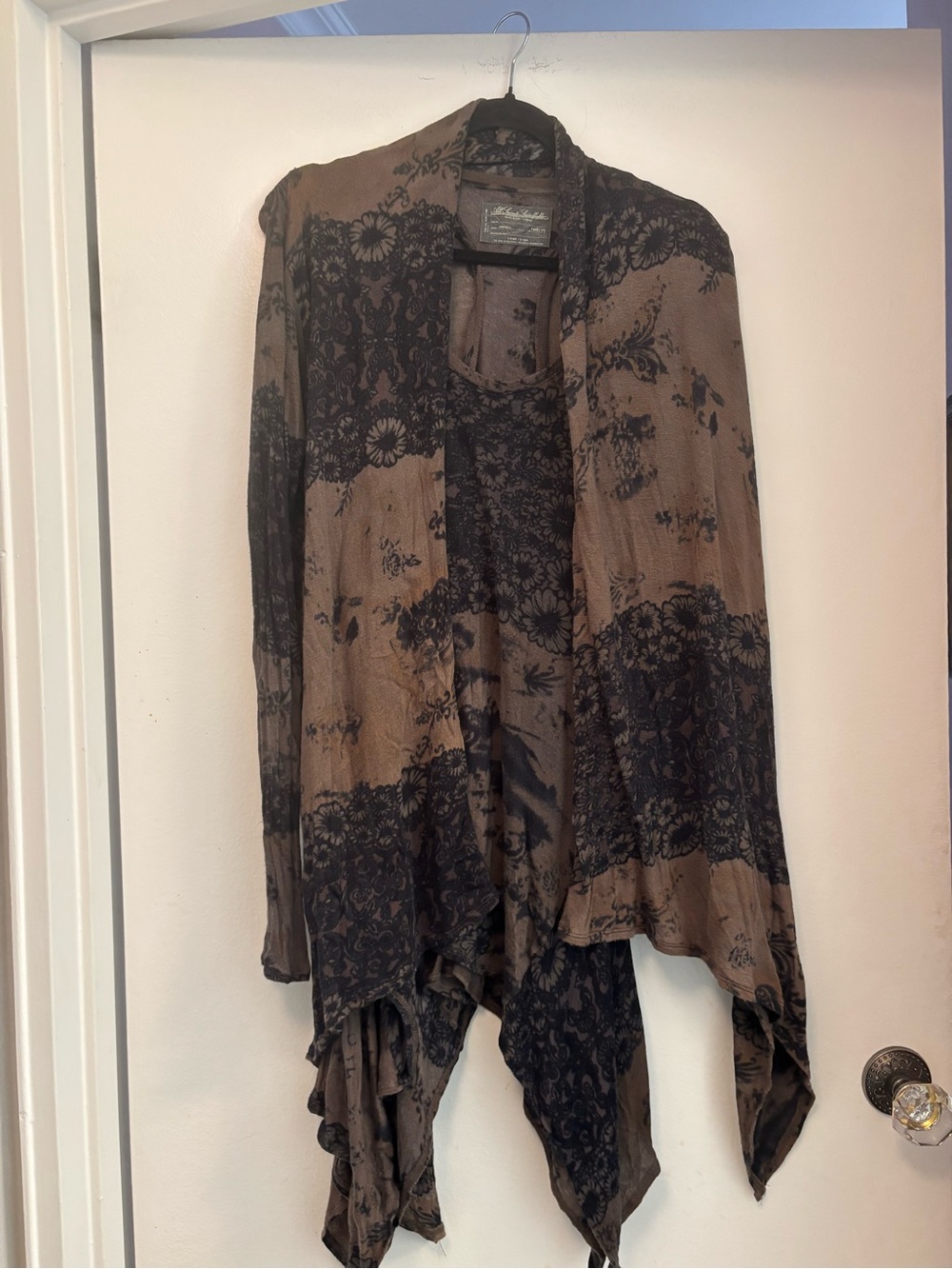 All Saints Brown Racerback Handkerchief-Hem Dress Black Floral Print w cardigan - Picture 8 of 9
